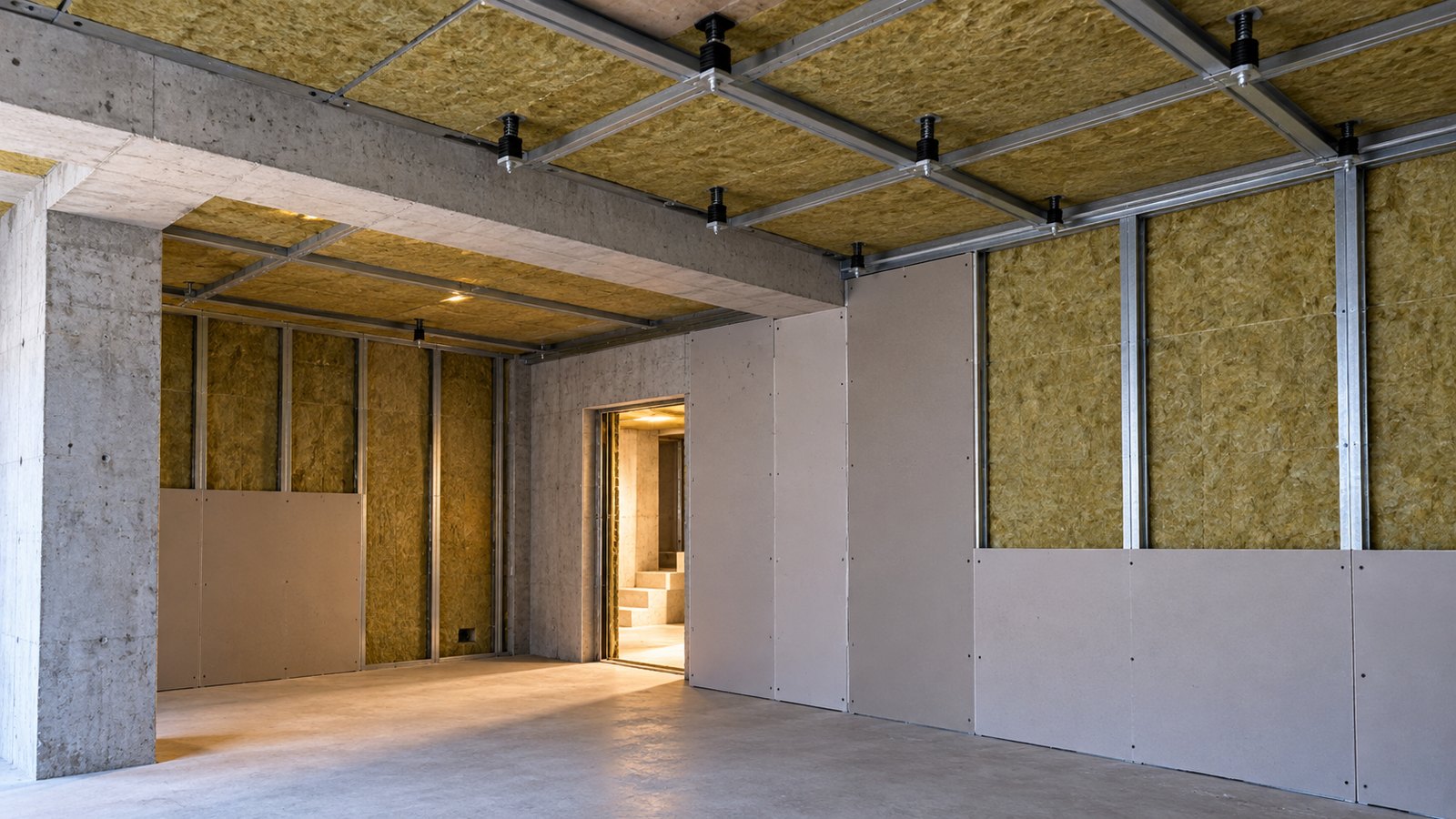 Structură de perete și plafon cu vată minerală și profile pentru decuplare acustică